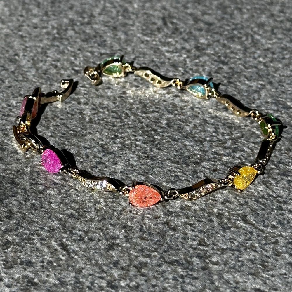 NEW Yellow Gold Pear Shaped Multicolor Galaxy Candy Stones 6.5” or 7.5” Bracelet - Picture 4 of 16